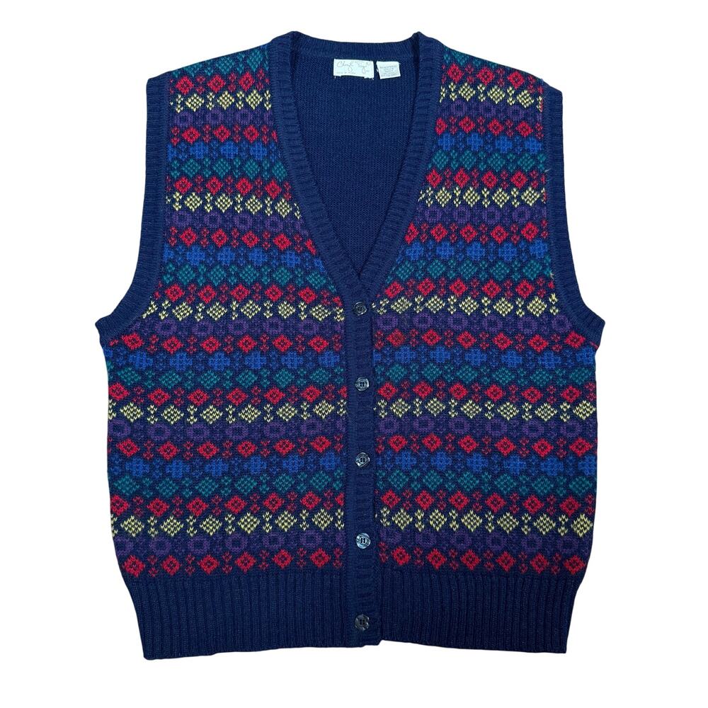 Vintage 90s Cheryl Tiegs Colorful Navy Button Front Sweater Vest Women’s Large
